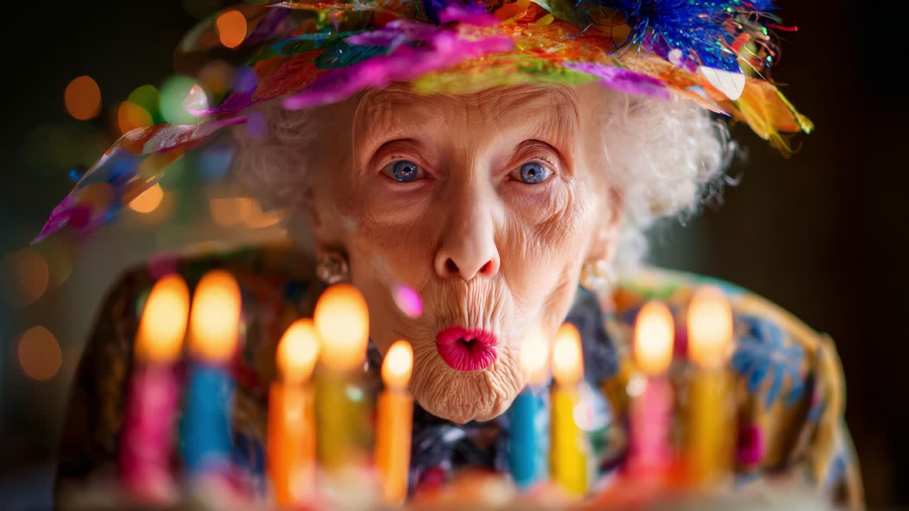 Celebrating a Milestone: An Elderly Woman Blows Out Birthday Candles While Wearing a Vibrant Hat, Capturing the Joy and Essence of a Special Celebration