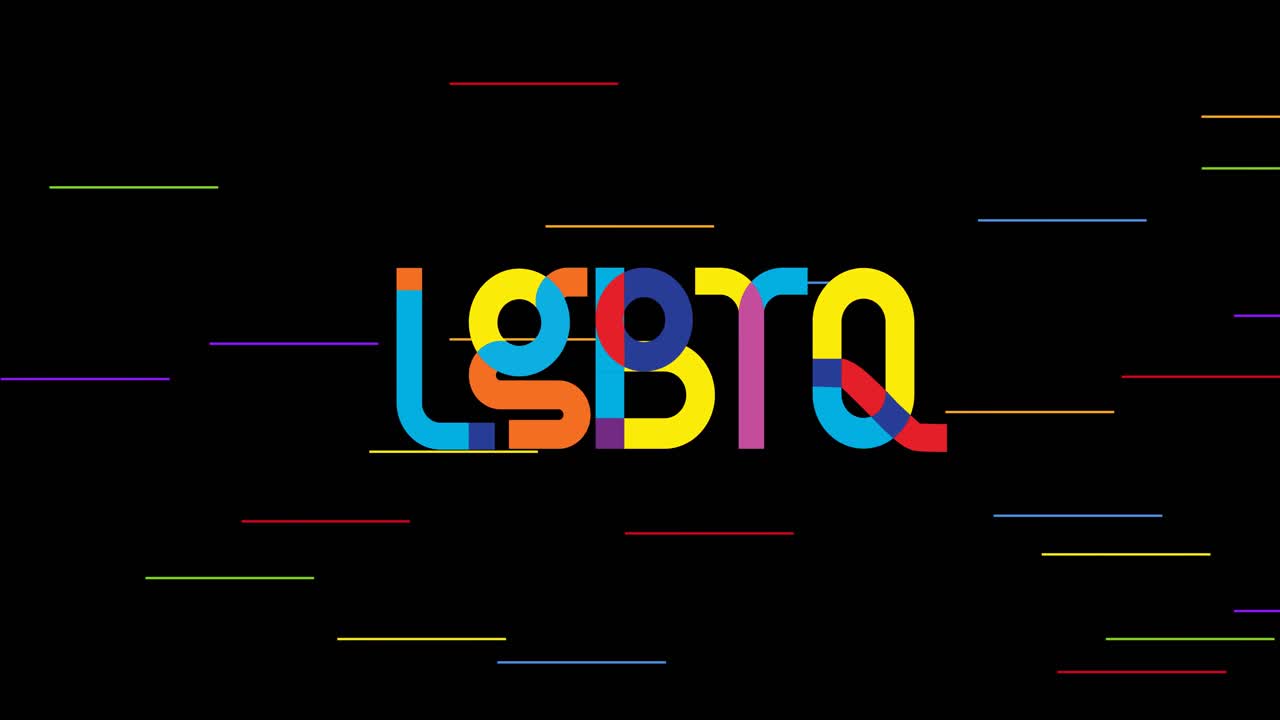 animación de texto lqbtq sobre rayas de arco iris sobre fondo negro