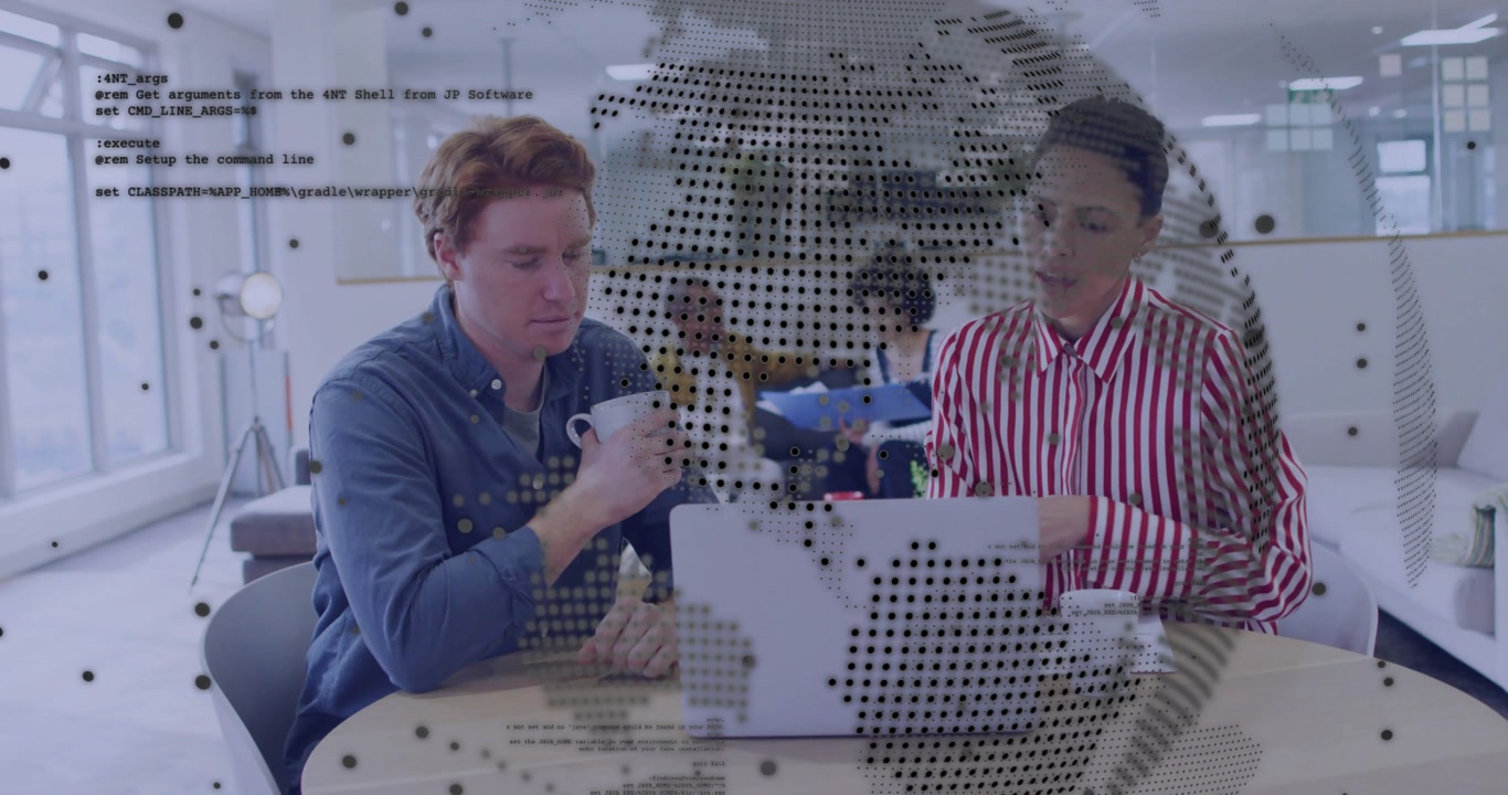 Woman reaching laptop, developing tech code with globe overlay while man sipping mug and typing