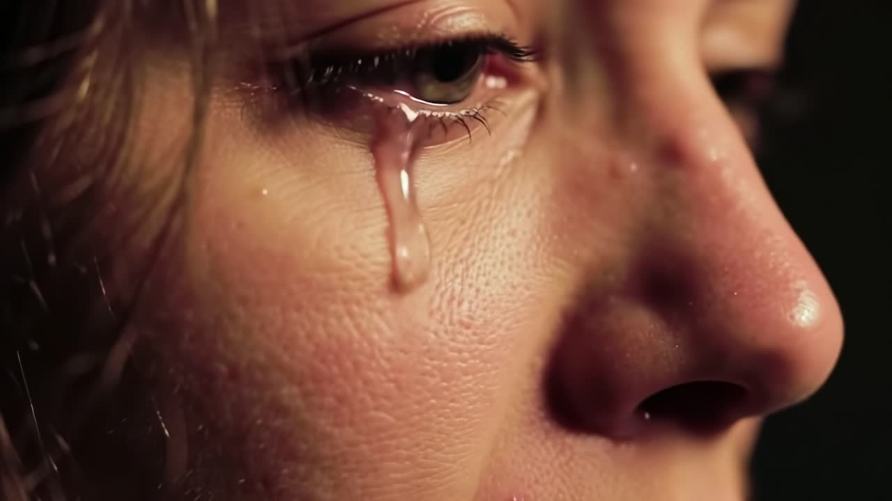 Emotional Close-Up: Capturing the Intensity of Tears Streaming Down a Subject's Face, Evoking Deep Feelings of Sadness and Vulnerability in a Powerful Moment