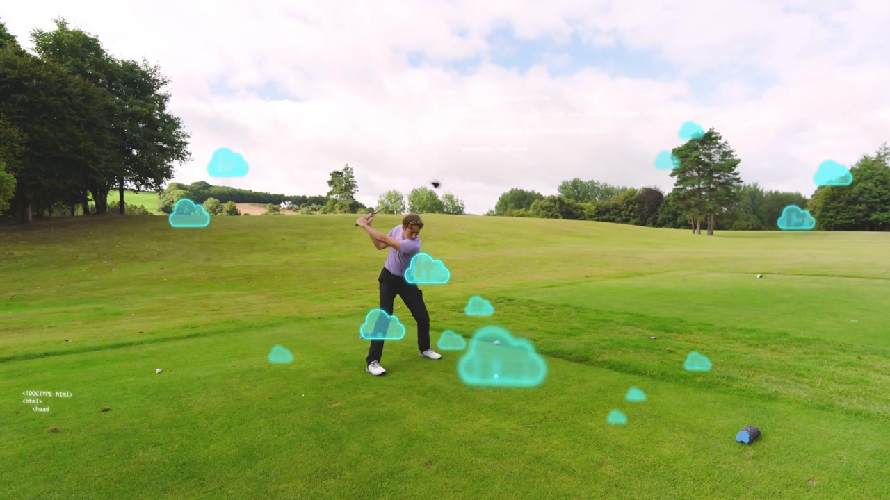 Golf player executing tee shot on impact, teal cloud overlays emerging, visualizing shot data
