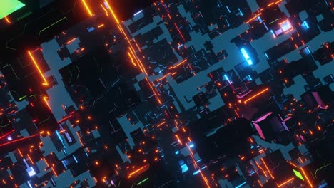 flying through a space of shimmering neon cubes and rectangles. loop animation.