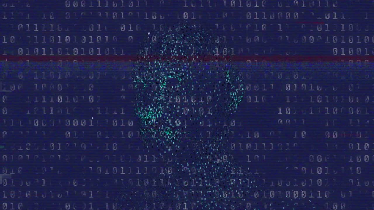 animación de codificación binaria y puntos en fondo azul