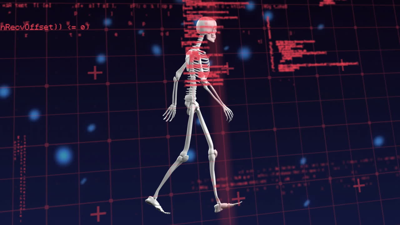디지털 인간 골격 위에 내리는 눈의 애니메이션과 검은색 배경의 데이터 처리