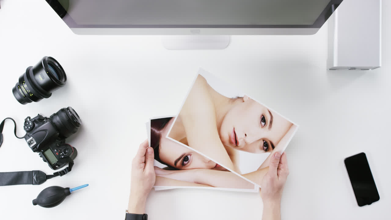 탑 뷰 사진가 그래픽 디자이너 아름다움 이미지를 선택하는 위에서 책상에서 일하는 - 빨간 서사시 드래곤