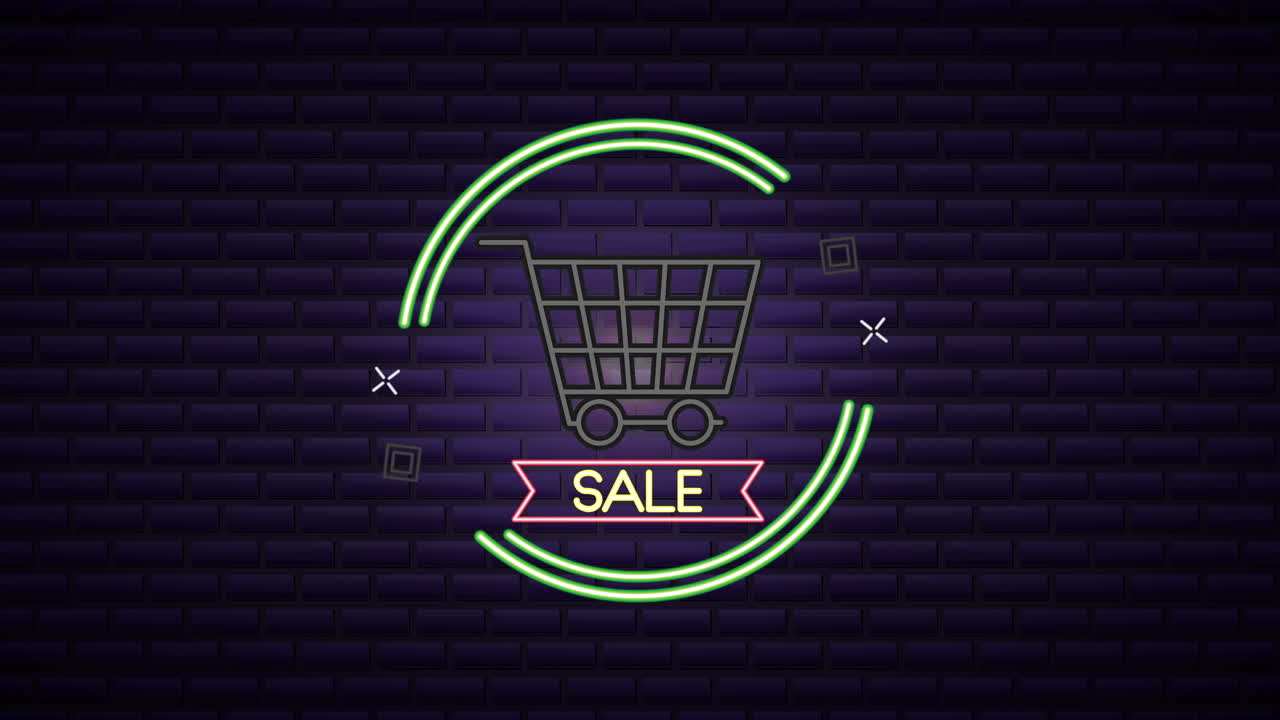 etiqueta de luz de neón comercial con carrito de compras