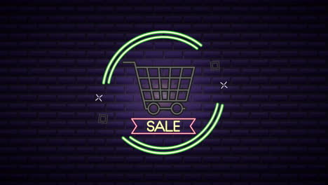 etiqueta de luz de neón comercial con carrito de compras