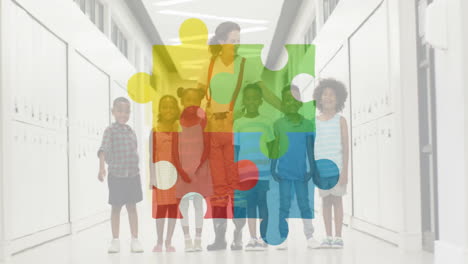 animation of colourful puzzle over diverse children with female teacher embracing