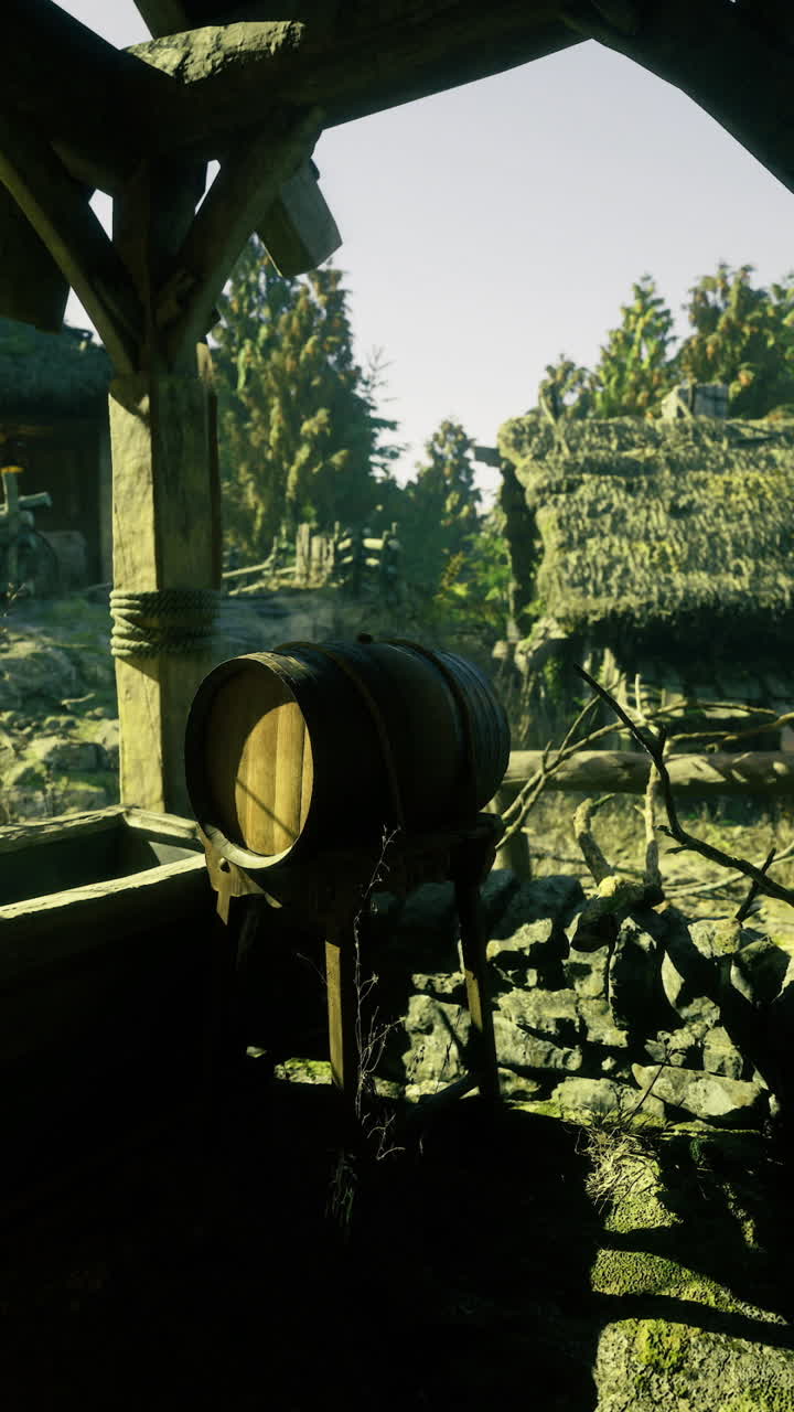 Rustic village well by lush trees and huts under clear sky