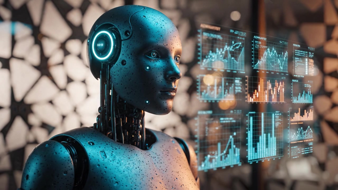 Advanced humanoid robot with a futuristic design displays data analytics in a modern environment showcasing technological innovation and artificial intelligence evolution.