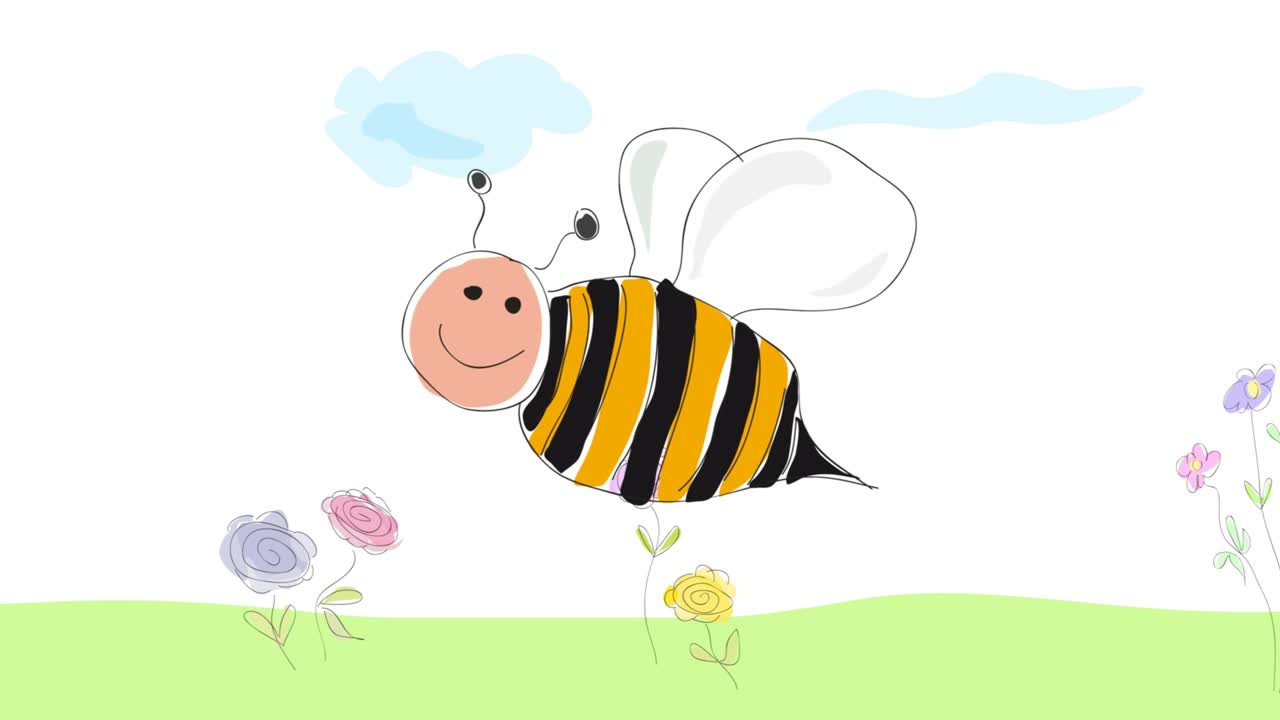 벌이 꽃을 날아다니며, 어린이가 만든 애니메이션 일러스트레이션 그림. 봄 개념, 자연과 환경을 구합니다.