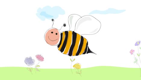 la abeja vuela sobre las flores, dibujo de ilustración animado hecho por un niño estilo. concepto de primavera, salvar la naturaleza y el medio ambiente
