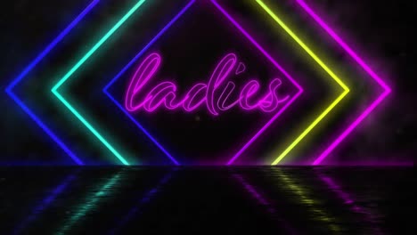 Animation-of-the-word-Ladies-written-in-pink-neon-font-with-tunnel-of-neon-glowing-geometric-diamond