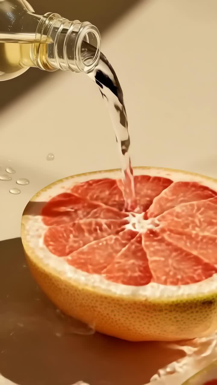 Video ravvicinato di un liquido versato su un pompelmo tagliato a metà, che cattura colori vivaci