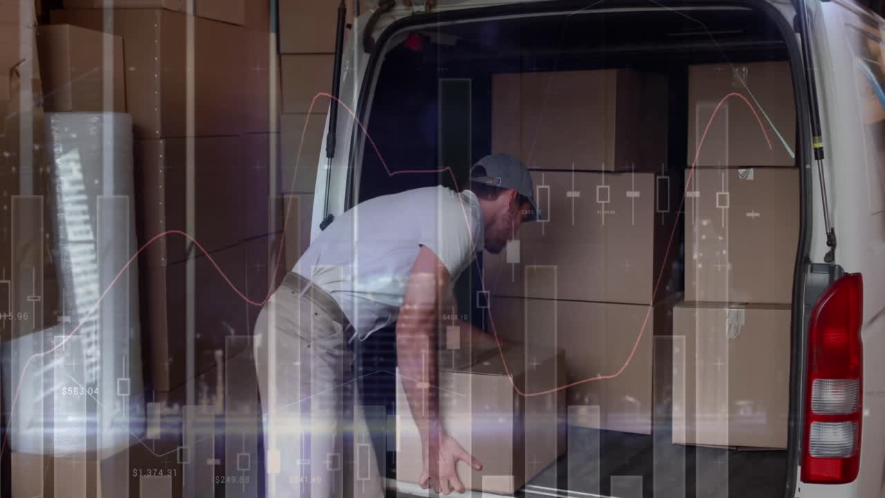 animación de estadísticas y procesamiento de datos financieros sobre el repartidor y la furgoneta