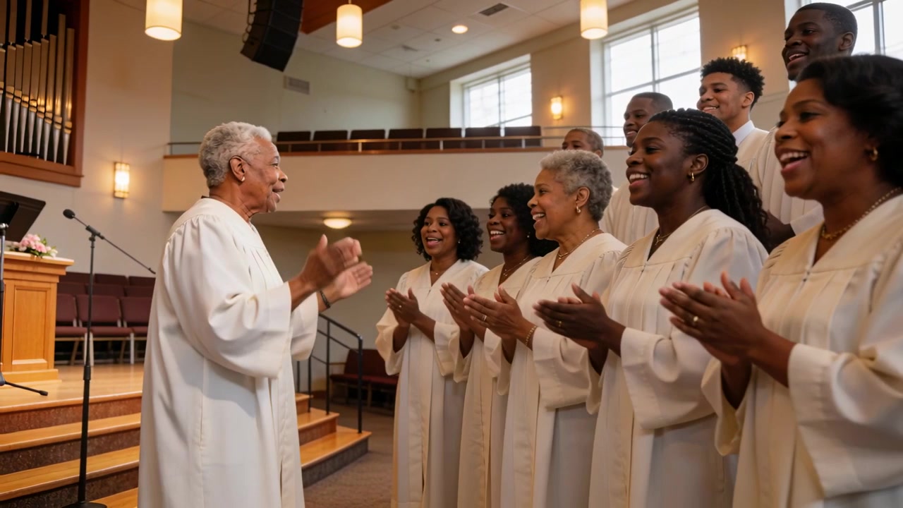 Raising hands conductor cueing choir, leading singing and clapping for worship in sanctuary, pulpit