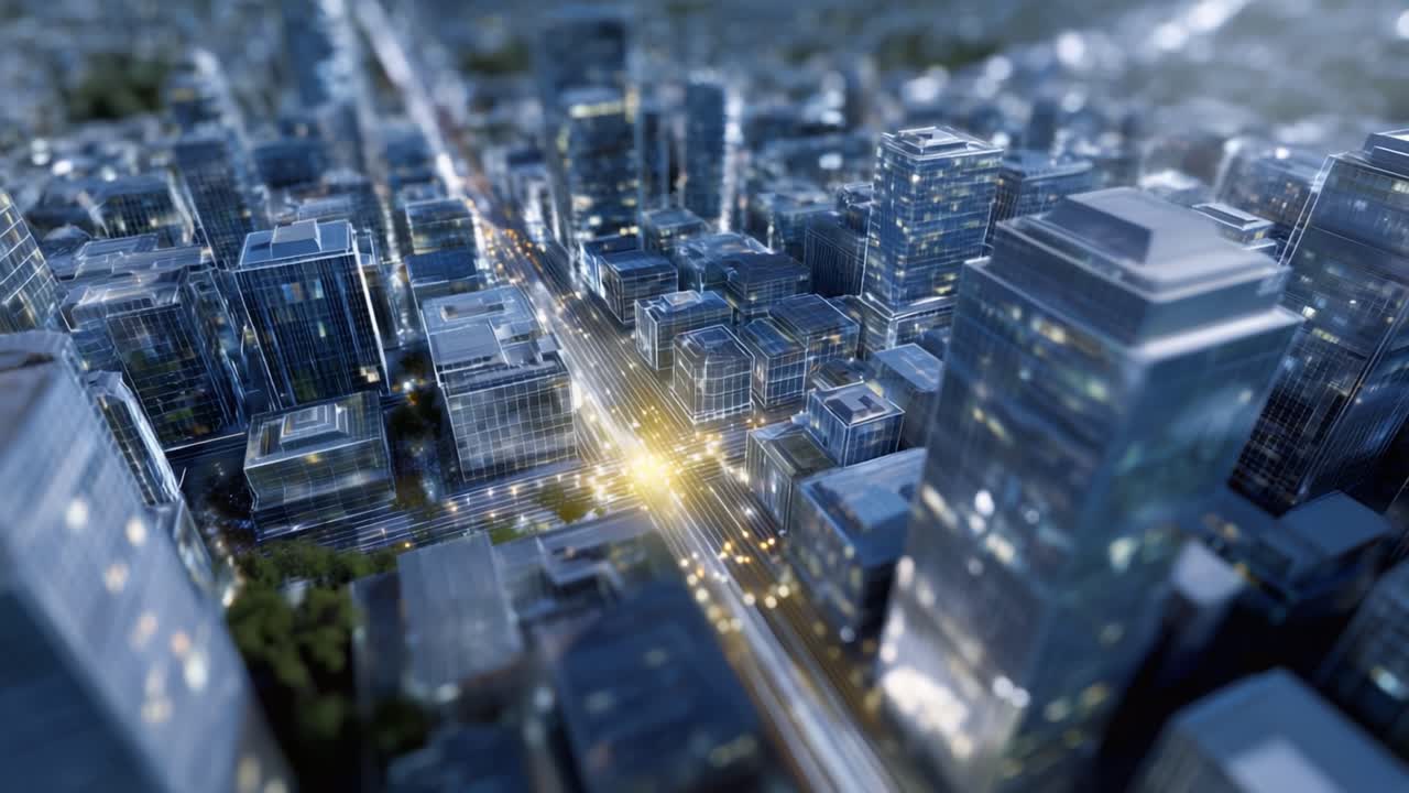 高層ビル群、道路、そして都会の明かりが特徴的な都市景観の空撮。現代的な大都市の躍動感を捉えています。