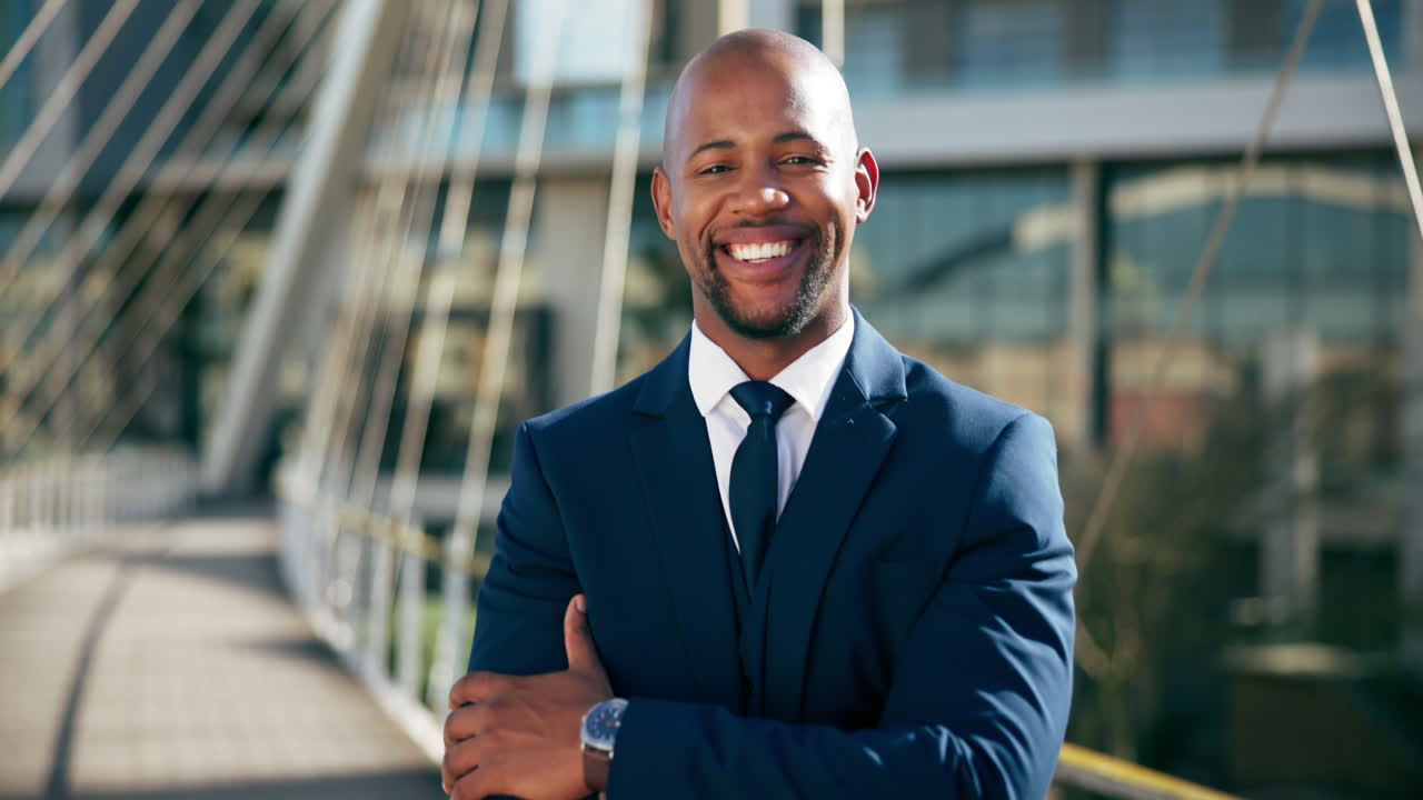 Smiling Businessman on a City Bridge