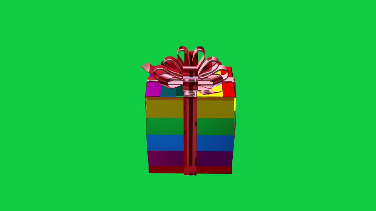 Scatola regalo 3D LGBT rotante con carta da regalo multicolore arcobaleno e schermo verde per chroma key sullo sfondo