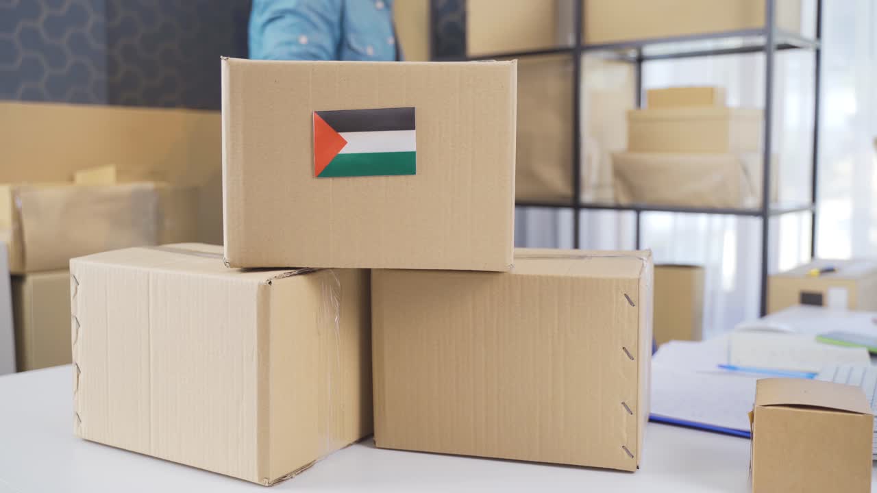 la bandera de palestina en el paquete de carga logística.