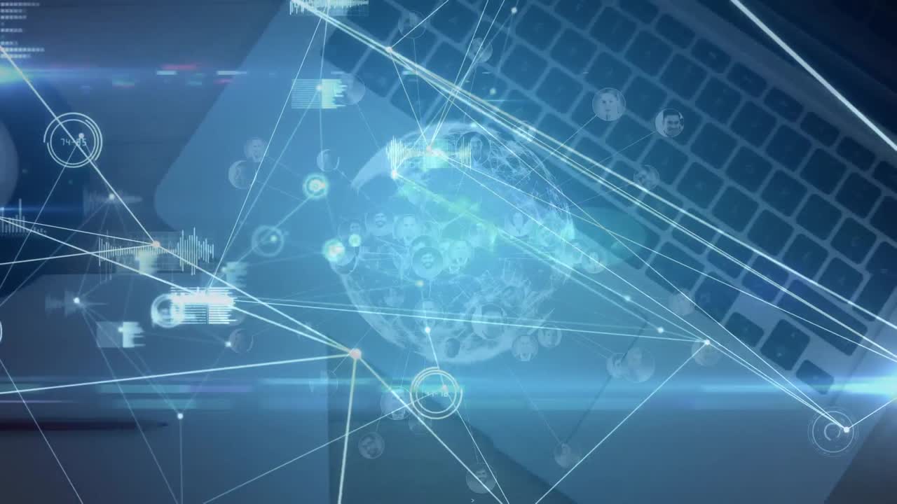 노트북에서 반 ⁇ 이는 반점과 연결의 네트워크와 함께 지구의 애니메이션