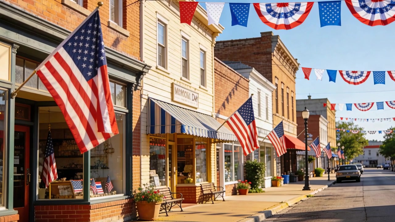 Panning camera revealing small-town downtown storefronts, fluttering American flags and bunting