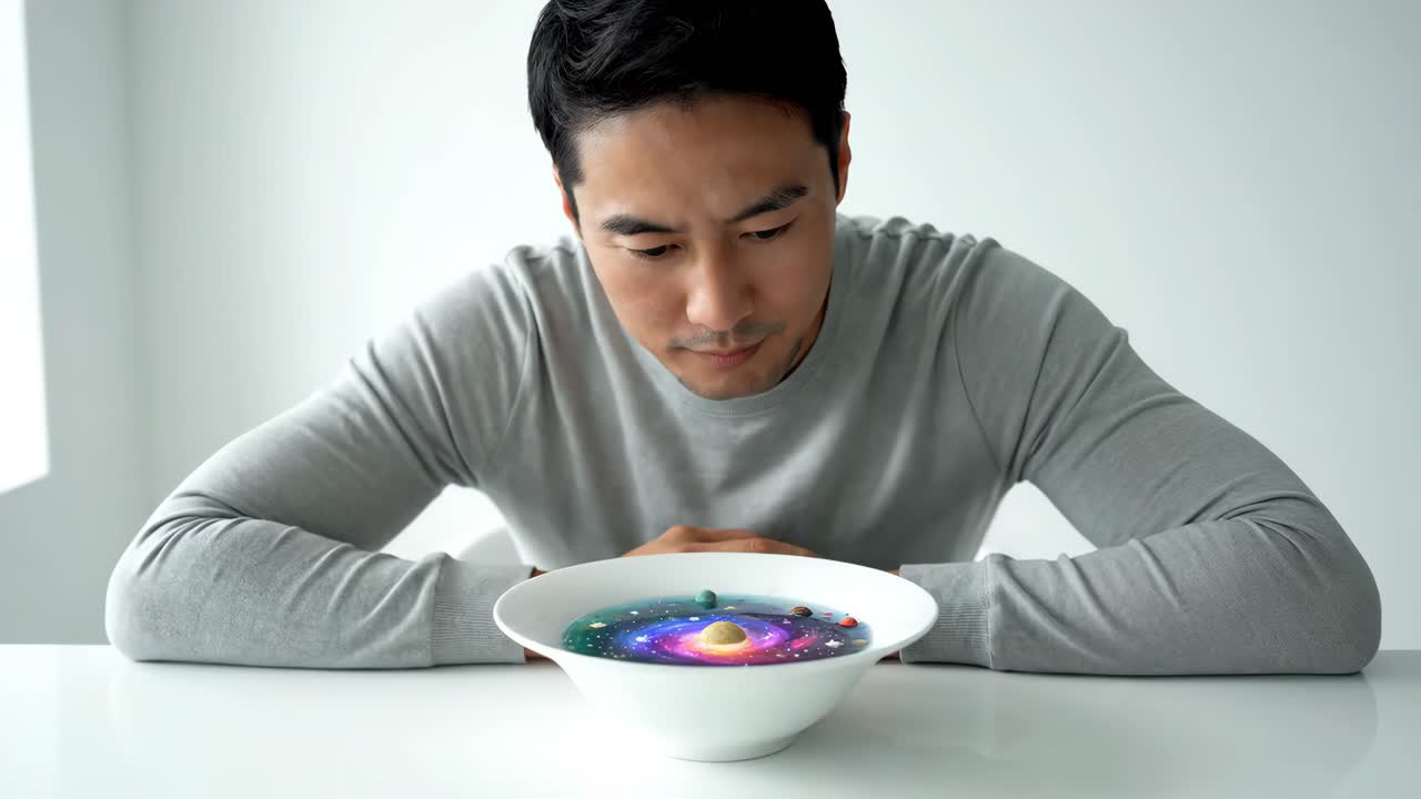 Man contemplates galaxy in a bowl