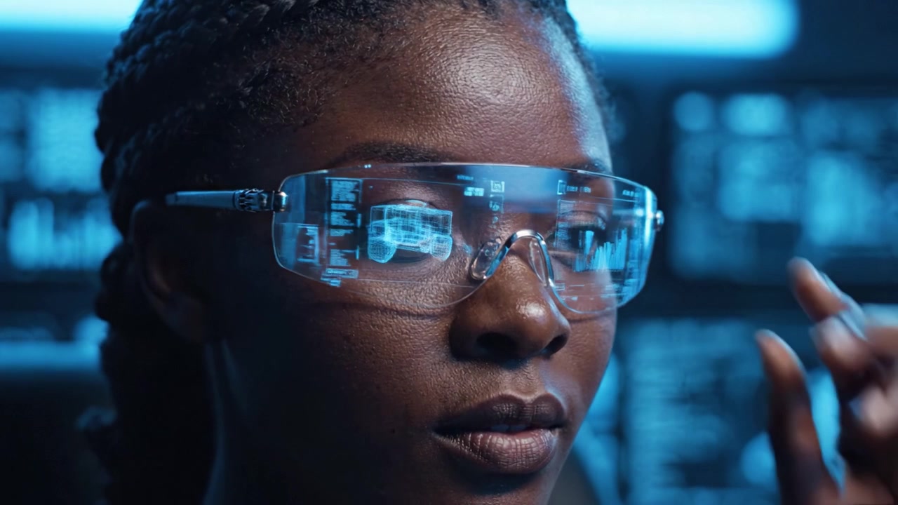 A focused individual in futuristic glasses, showcasing advanced digital interfaces, embodies the convergence of technology and human intelligence in a captivating scene.
