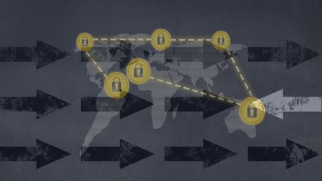 animación de la red de conexiones con candados de seguridad en línea y flechas sobre el mapa del mundo