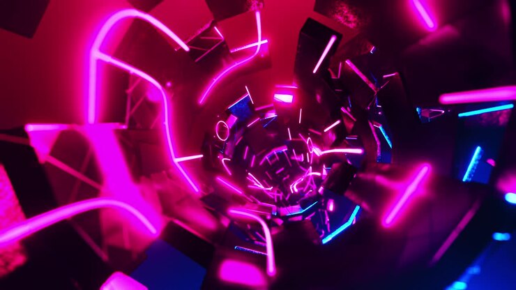Neon light tunnel with pink and blue background. Infinitely looped animation