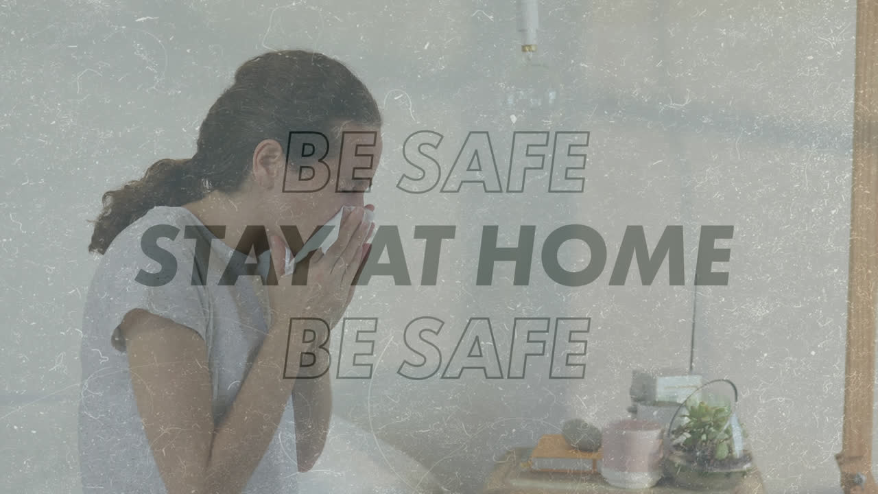 침대에 앉아서 기침하는 백인 여성에 대한 사회적 거리 두기 메시지의 애니메이션