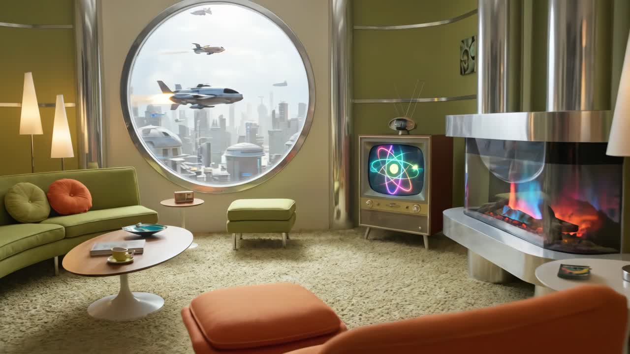 Soggiorno retrò-futuristico con veicoli volanti e TV atomica