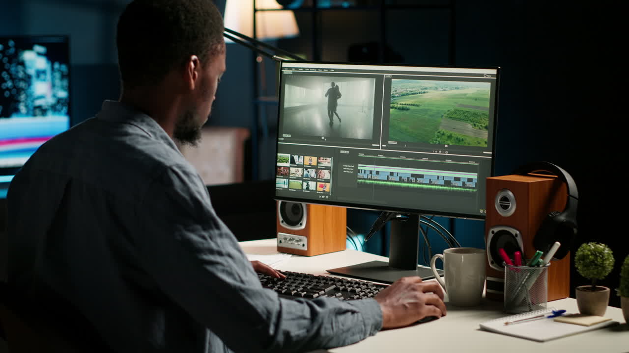 creador de video que produce montaje con software artístico para el ajuste de colores