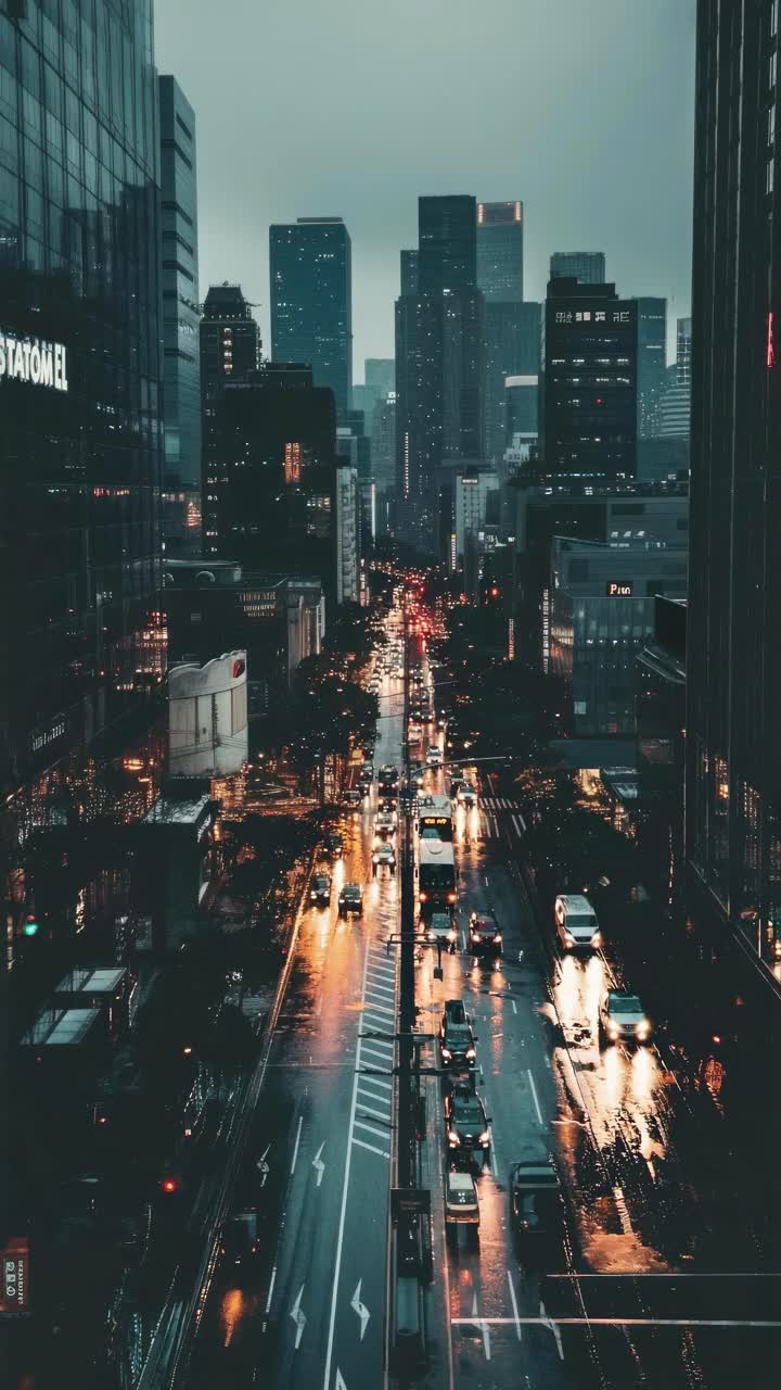 Aerial view of a city street at dusk, showcasing a moody urban landscape with glowing lights