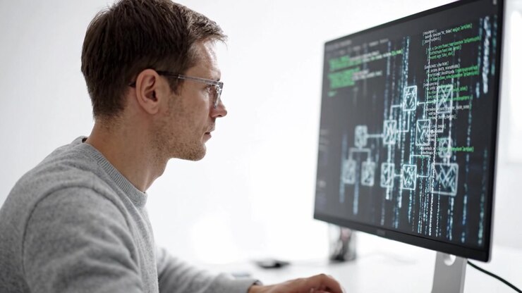 Focused Programmer Analyzing Code and Data Visualization on Computer Screen, Highlighting the Importance of Software Development in Modern Technology