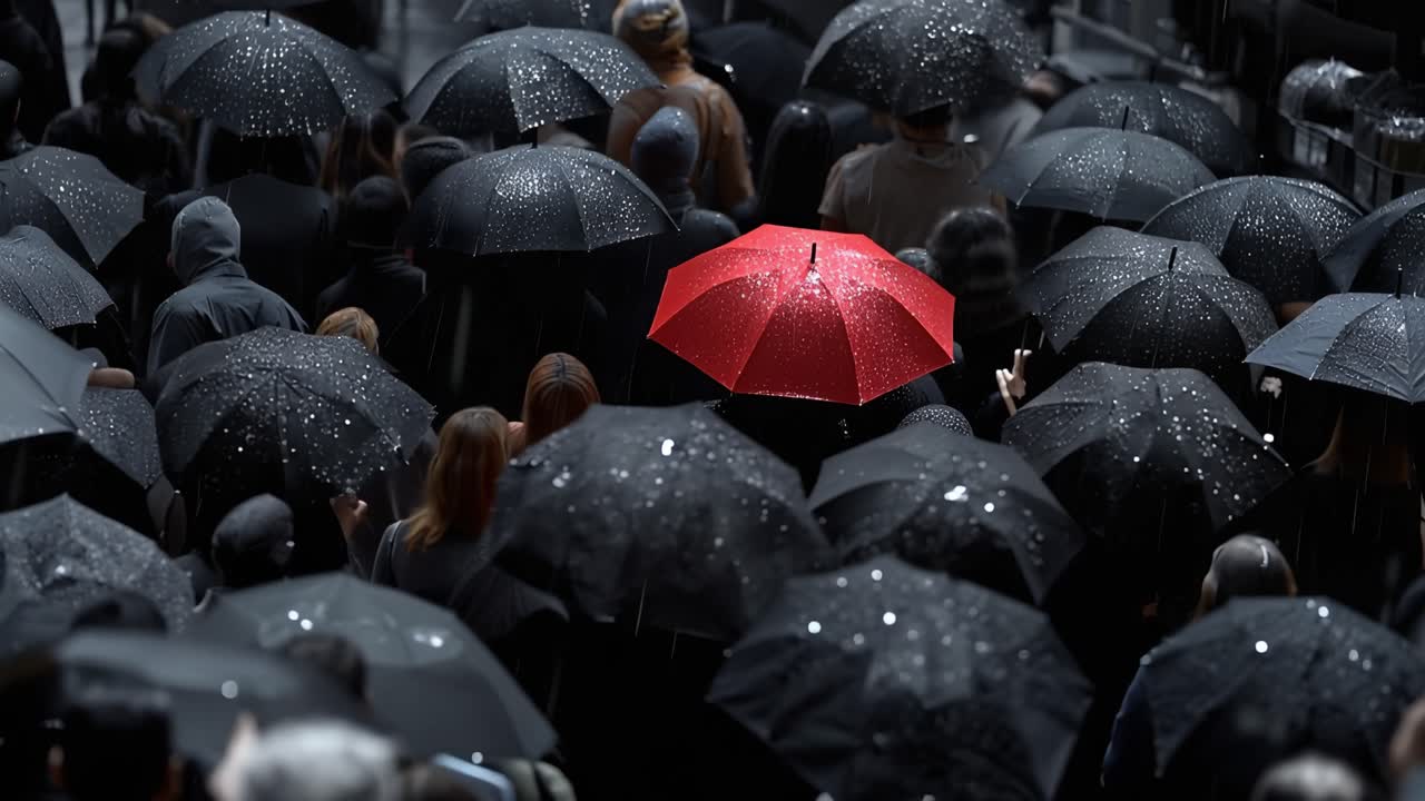 Cae la lluvia mientras un paraguas rojo solitario destaca. Calles abarrotadas muestran muchos paraguas, todos negros. Un paraguas rojo brillante rompe el monótono tono gris. La gente camina bajo la lluvia, con la cabeza baja.