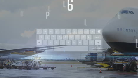 animation of alphabets, lens flare and overhead view of keyboard over airplane at airport runway