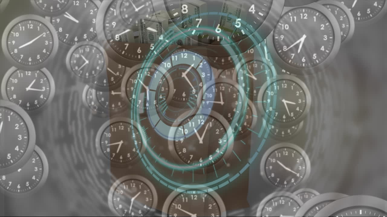 Animation of scope scanning over american dollar bills and clocks ticking