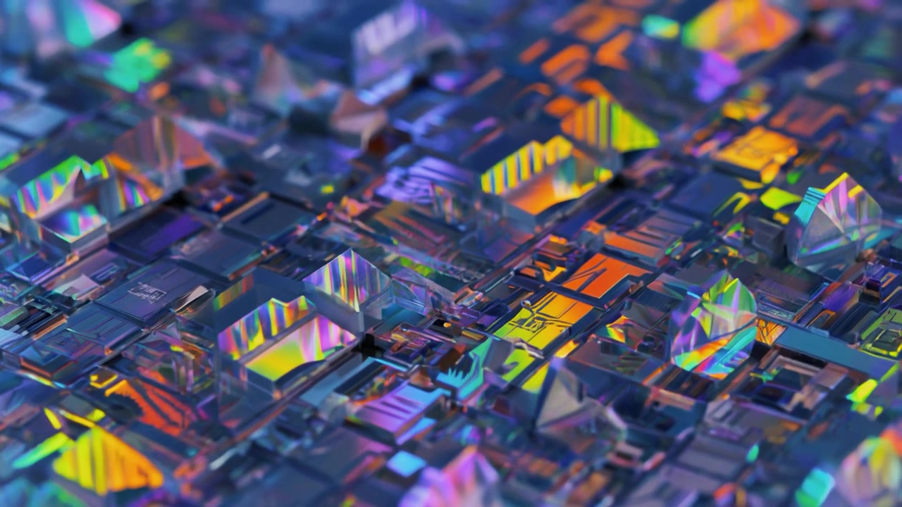 Abstract 3D Digital Circuit Board with Iridescent Glass Elements