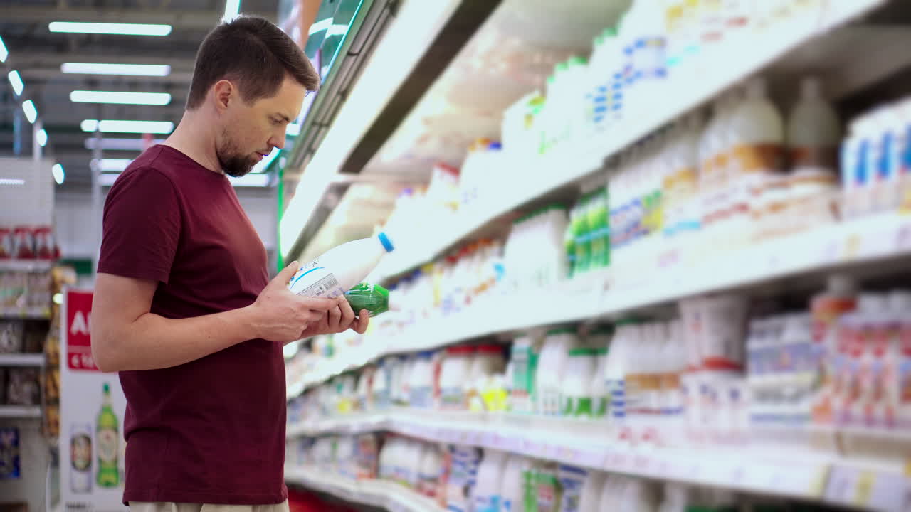 hombre comprando leche en una tienda de comestibles