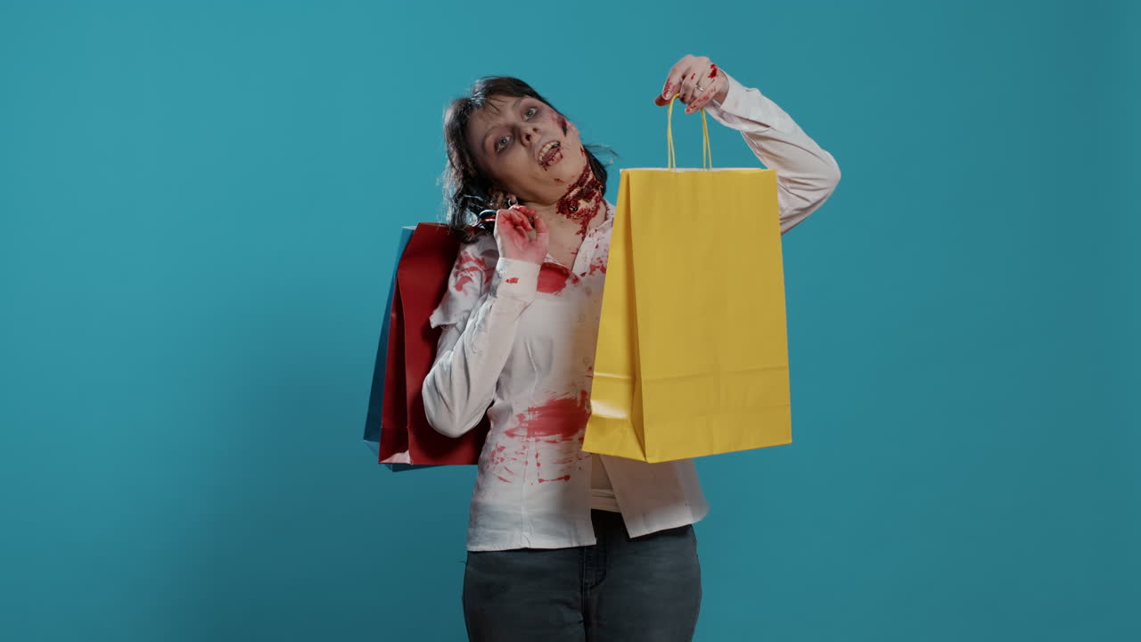 Undead mindless monster with trendy shopping bags from mall on blue background
