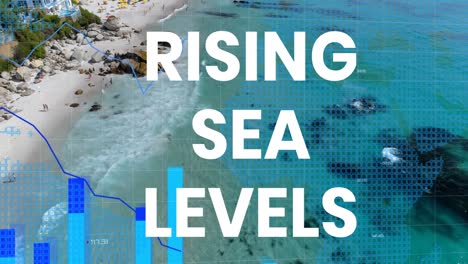 animation of rising sea levels over financial graph and seascape