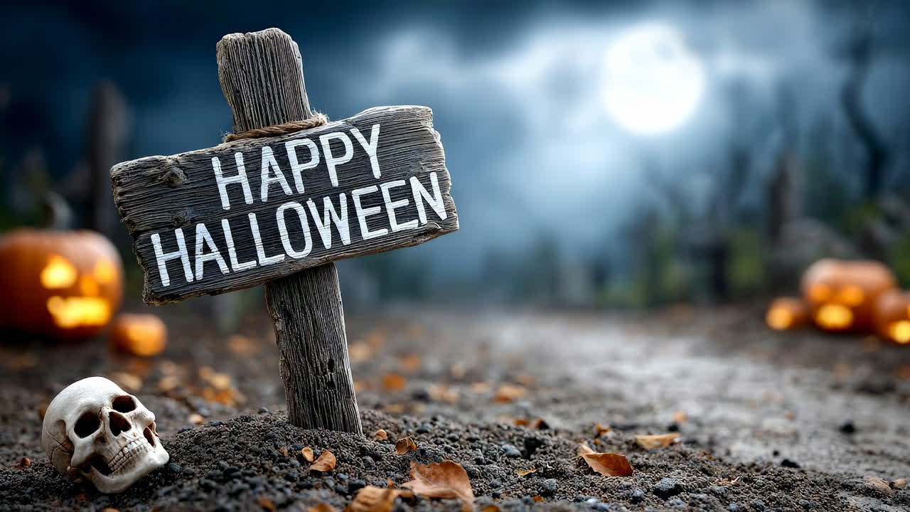Glad Halloween-skilt med hodeskalle og gresskar om natten. Et Happy Halloween-skilt i tre står i gravplassjorden ved siden av en hodeskalle og glødende gresskar under måneskinnet