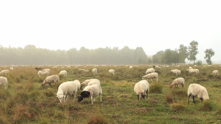 Ampia vista di pecore che pascolano e si muovono in un paesaggio di brughiera con erica, con nebbia bassa che oscura la foresta all'orizzonte e un bagliore arancione su un'alba nebbiosa e ricca di rugiada.