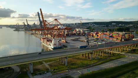 poland, gdynia cargo container terminal -aerial panning view