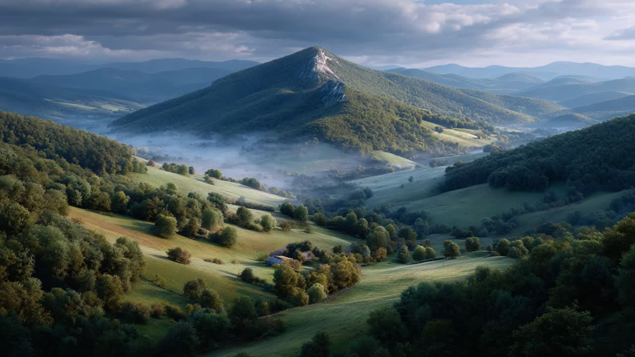 Serene Landscape Transition: A Captivating View of Rolling Hills Covered in Mist, Under a Tranquil Sky, Showcasing the Beauty of Nature's Harmony