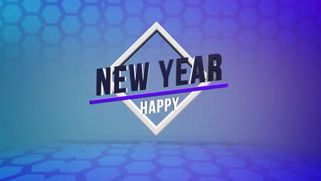 texto moderno de feliz año nuevo en hexágonos azules patrón geométrico