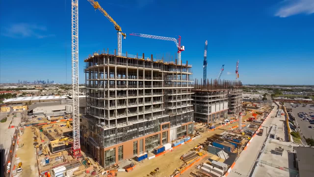 Aerial video captures a construction site with cranes and buildings under a clear sky