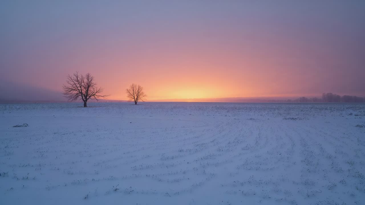 Emerging rising sun framed by twin bare trees brightening snowy field, warming morning sky