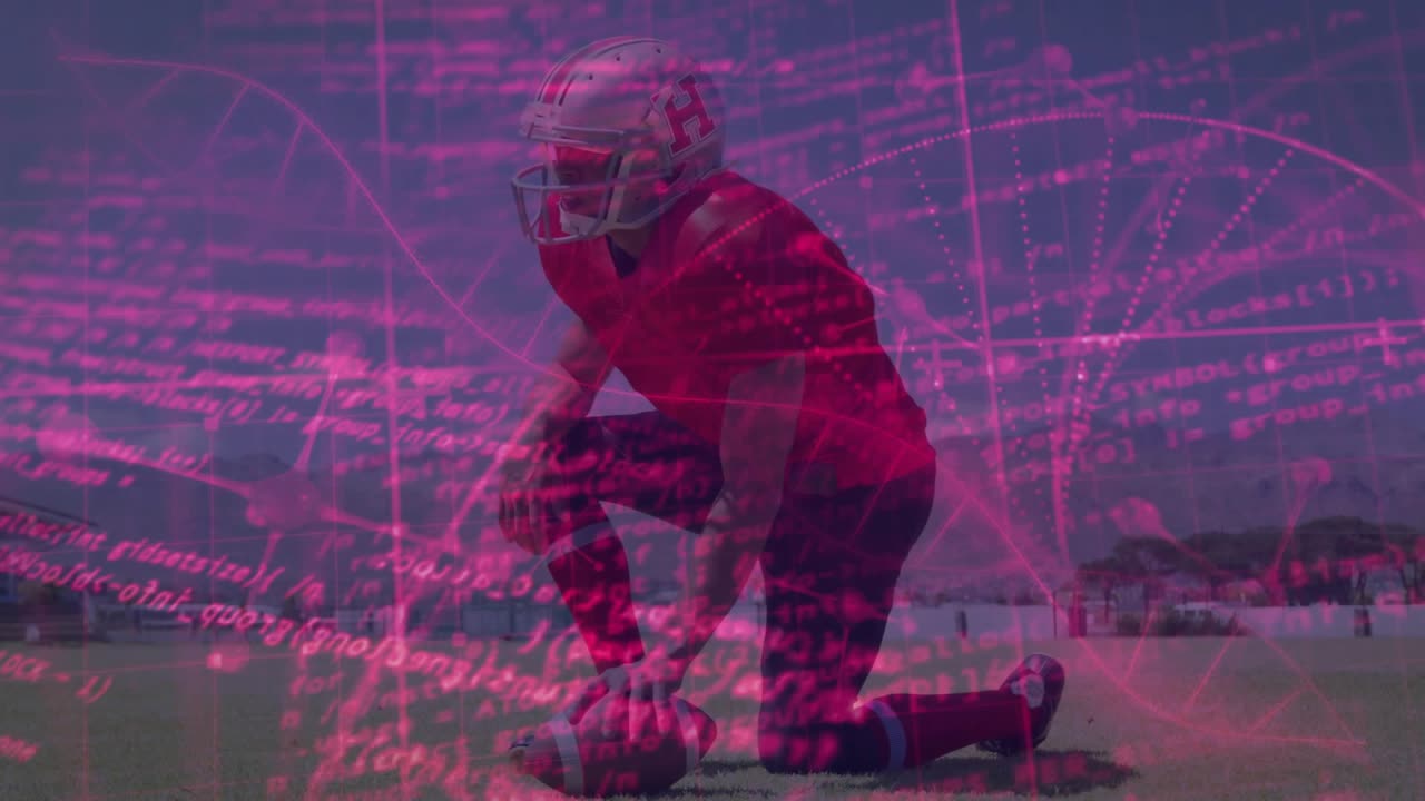 Giocatore di football che posiziona la palla sul tee, pronto a calciare, sovrapposizione rosa che si intensifica sul giocatore